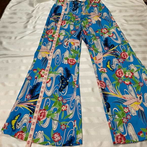 ZARA Blue Colorful Floral Wide-Leg Pants Light & Flowy Sz S Birds Butterflies - Picture 5 of 16